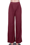 Wine Red Bright Silk High Waist Wide-Legged Casual Straight Long Pants WMZ2628