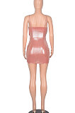 Pink Sexy Cross Side Drawsting Gallus Deep V Neck Package Hip Skirt Pure Color Tight Mini Dress WMZ2614