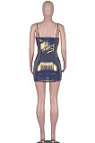 Golden Blue Sexy Cross Side Drawsting Gallus Deep V Neck Package Hip Skirt Pure Color Tight Mini Dress WMZ2614