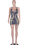 Golden Blue Sexy Cross Side Drawsting Gallus Deep V Neck Package Hip Skirt Pure Color Tight Mini Dress WMZ2614