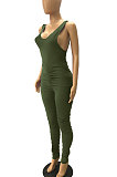 Army Green Sleeveless Shirred Detail Sexy Haltenck Bodycon Jumpsuits WMZ2617
