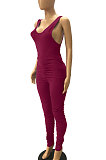 Wine Red Sleeveless Shirred Detail Sexy Haltenck Bodycon Jumpsuits WMZ2617