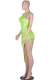 Neon Green Bling Bling Shirred Detail Cultivate One's Morality Irregularity Club Mini Dress WMZ2618