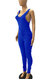 Bright Blue Sleeveless Shirred Detail Sexy Haltenck Bodycon Jumpsuits WMZ2617
