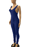 Royal Blue Sleeveless Shirred Detail Sexy Haltenck Bodycon Jumpsuits WMZ2617