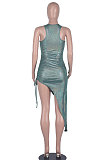 Blackish Green Bling Bling Shirred Detail Cultivate One's Morality Irregularity Club Mini Dress WMZ2618