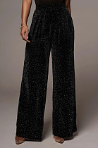 Black Bright Silk High Waist Wide-Legged Casual Straight Long Pants WMZ2628