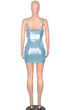 Lake Blue Sexy Cross Side Drawsting Gallus Deep V Neck Package Hip Skirt Pure Color Tight Mini Dress WMZ2614