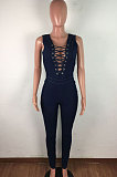 Euramerican Women Sleeveless Eyelet Bind Cultivate One's Morality Sexy Cowboy Bodycon Jumpsuits LA3249
