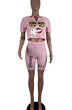 Pink Casual Polyester Mouth Graphic Short Sleeve Tee Top Shorts Sets RB3063