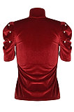 Wine Red Euramerican Women Casual High Neck Short Sleeves Pearl Crop Tops TL6252