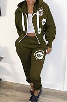 Army Green Print Zipper Casual Hooded Loose Two-Piece CYY8066