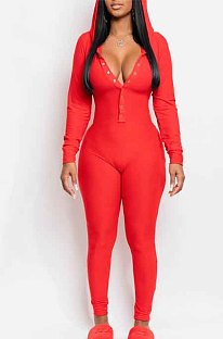 Red Hooded Button Clamshell Home Suit Jumpsuit CYY8069