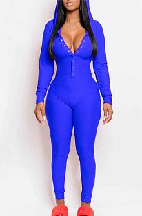 Blue Hooded Button Clamshell Home Suit Jumpsuit CYY8069