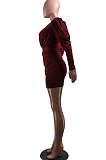 Wine Red Fasual Casual Sequins V Neck Bubble Sleeve Dress RZ1052