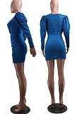 Blue Fasual Casual Sequins V Neck Bubble Sleeve Dress RZ1052