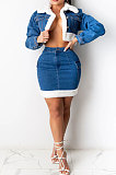 Rose Red Cowboy Sets Trendy Plush Denim Skirt Two-Pieces F8330