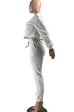 White Euramerican Trendy Casual Pure Color Sport Sets Two-Pieces W8355