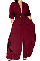 Wine Red Loose Midriff Top Sets Pure Color Sexy Euramerican Women Two-Piece AFY674