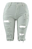 Light Blue Personality Hole Jeans Fifth Pants CF8851