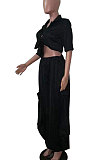 Black Loose Midriff Top Sets Pure Color Sexy Euramerican Women Two-Piece AFY674