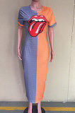 Gray Euramerican Women Tongue Digital Printing Spliced Long Dress ORY5152