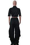 Black Loose Midriff Top Sets Pure Color Sexy Euramerican Women Two-Piece AFY674
