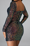Sexy Sequins Dress Backless Dew Chest Package Buttocks Long Sleeve Mini Dress JLX8569