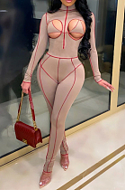 Nude Sexy Chest Hollow Out Stand Collar Fashion Sport Jumpsuits SQ933
