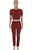 Wine Red Fashion Sexy Ruffle Elastic Cotton Pure Color Sporty Two-Pieces LYY9237