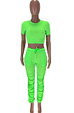 Neon Green Fashion Sexy Ruffle Elastic Cotton Pure Color Sporty Two-Pieces LYY9237