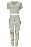 Gray Trendy Sexy Ruffle Elastic Cotton Pure Color Sporty Two-Pieces LYY9237