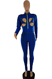 Blue Sexy Chest Hollow Out Stand Collar Fashion Sport Jumpsuits SQ933