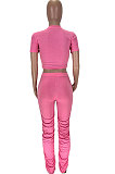 Pink Trendy Sexy Ruffle Elastic Cotton Pure Color Sporty Two-Pieces LYY9237