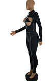 Black Sexy Chest Hollow Out Stand Collar Fashion Sport Jumpsuits SQ933