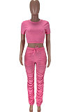 Pink Trendy Sexy Ruffle Elastic Cotton Pure Color Sporty Two-Pieces LYY9237