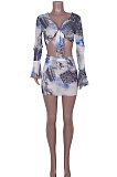 Spring Summer Women Transparent Gauze Printing Sexy Two-Pieces JZH8025