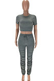 Gray Trendy Sexy Ruffle Elastic Cotton Pure Color Sporty Two-Pieces LYY9237