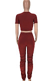 Wine Red Fashion Sexy Ruffle Elastic Cotton Pure Color Sporty Two-Pieces LYY9237