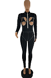 Black Sexy Chest Hollow Out Stand Collar Fashion Sport Jumpsuits SQ933