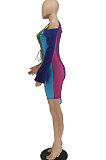 Dark Blue Womenswear Bind Color Matching Off Shoulder Irregular Hem Mini Dress SDE1145