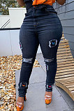Blue Wash Hole Patch Butterfly Embroidery Jeans LA3256