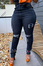 Black Wash Hole Patch Butterfly Embroidery Jeans LA3256