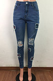 Blue Wash Hole Patch Butterfly Embroidery Jeans LA3256