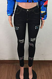 Black Wash Hole Patch Butterfly Embroidery Jeans LA3256