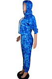 Blue Print Long Slevee Top Hooded Pants Two-Piece QSS5005