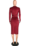 Wine Red Silver Fox Wool Bind Casual Dresses QSS5003