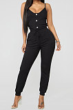 Wine Red Sexy Gallus Nail Buckle Rib Casual Jumpsuits LD8826