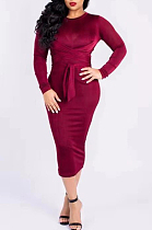 Wine Red Silver Fox Wool Bind Casual Dresses QSS5003