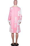 Pink Autumn Winter Fashion Letter Fur Rollar Long Coat WME1015